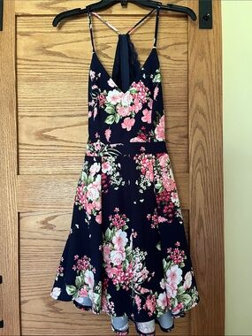 Navy Floral Sleeveless Fit-and-Flare Dress with Pink Roses
